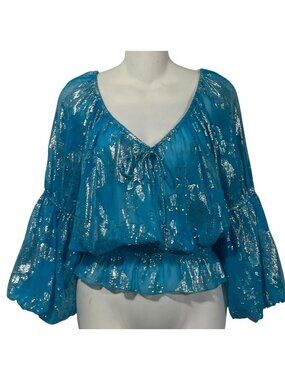 Cache Vtg Y2K Silk Blouse Sheer Blue Silver Metallic V Neck Bell Sleeve Fairy